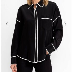 Johnny Was black white piping silk blouse